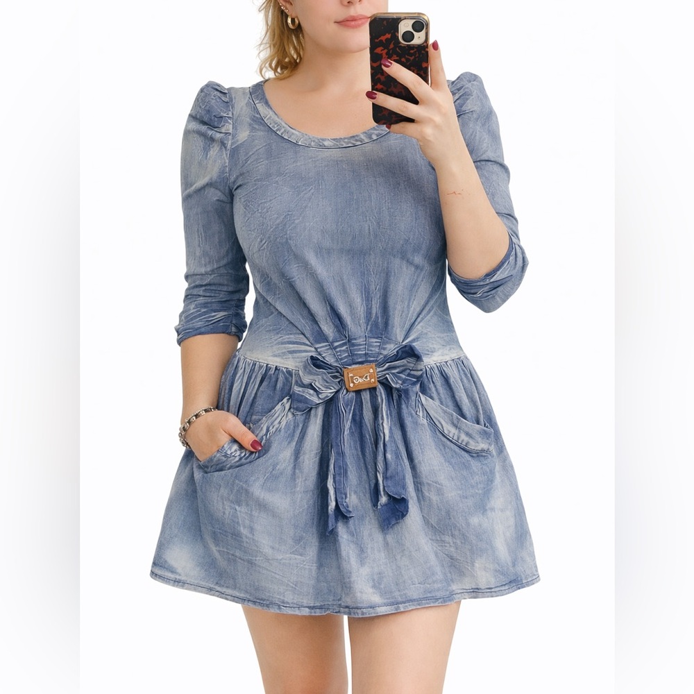 Y2K Dolce & Gabbana D&G Babydoll Mini Dress Washed Denim Look Bow Waist Designer